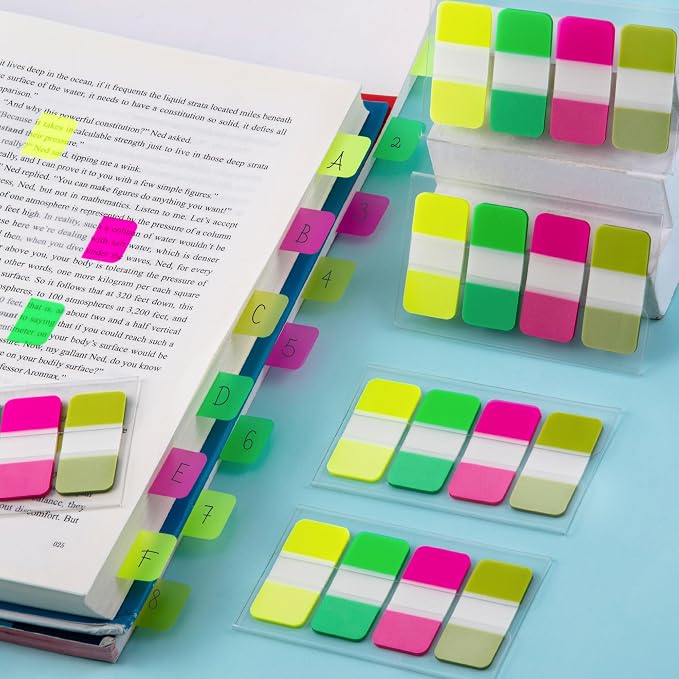 Golcellia 480 Pieces Sticky Index Tabs Transparent Sticky Notes, Colored Page Markers for Bookmarks, Writable and Repositionable Index Annotation Tabs(Yellow,Green,Pink,Dark Green)