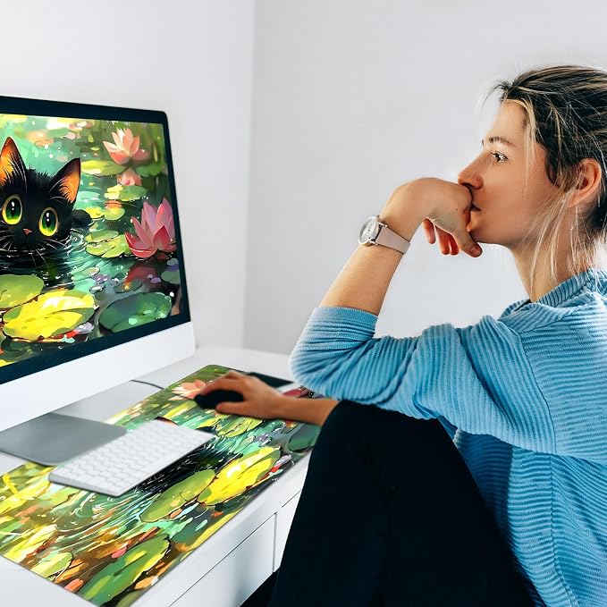 Heated Desk Pad Mouse Pad,Heated Desk Mat,with 3 Heating Levels & 3 Hours Auto Shut-Off,Leather 23.6"*14.2" Gaming Mouse Laptop Mat,Foot Warmer,Cartoon Lotus Cat