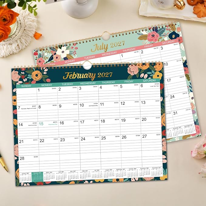 2027 Calendar - 2027 Wall Calendar, Jan.2027 - Dec.2027, 15" x 11.5" | 2027 Wall Calendar 12 Month, Twin-Wire Binding, Julian Dates, Large Block, Notes, To-do List, Thick Paper - Floral