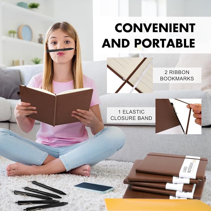 Aodaer 12 Set Lined Notebook Journals with Pens A5 Notebooks 100 GSM College Ruled Hardcover Notebook PU Leather Notepad with Pen Holder for Office School, 5.7 x 8.3 Inches, Dark Brown