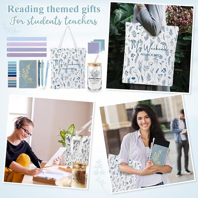 Havawish 14 Pcs Book Lovers Gift for Women 16 oz Glass Cup Tote Bag A6 Journal Notebook Pens Highlighters Sticky Notes Back to School Teacher Librarian Bookish Book Club(Blue,Aesthetic)