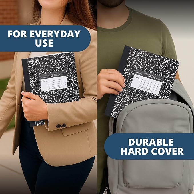 ROARING SPRING Hard Cover Composition Notebook, Black Marble Comp Book, 9.75″ x 7.5″, College-Ruled with Margin, 100 Sheets (200 Pages)