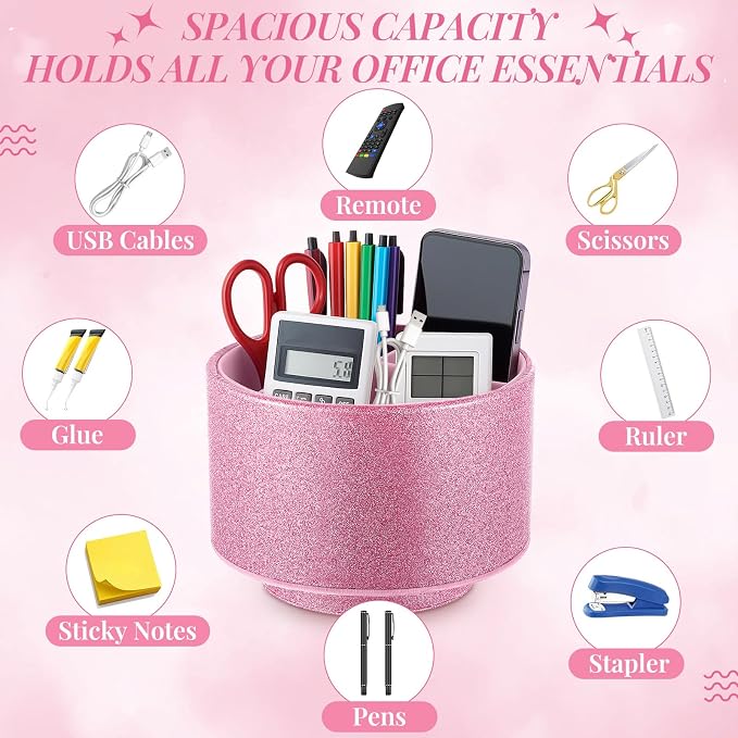 Epakh PU Leather Glitter Pen Holder 360 Degree Spinning Pink Bling Pencil Cup Gift for Teacher Women Girls Makeup Brush Organizer Cup Desk Office Classroom Home Back to School Gift (6 Inch)