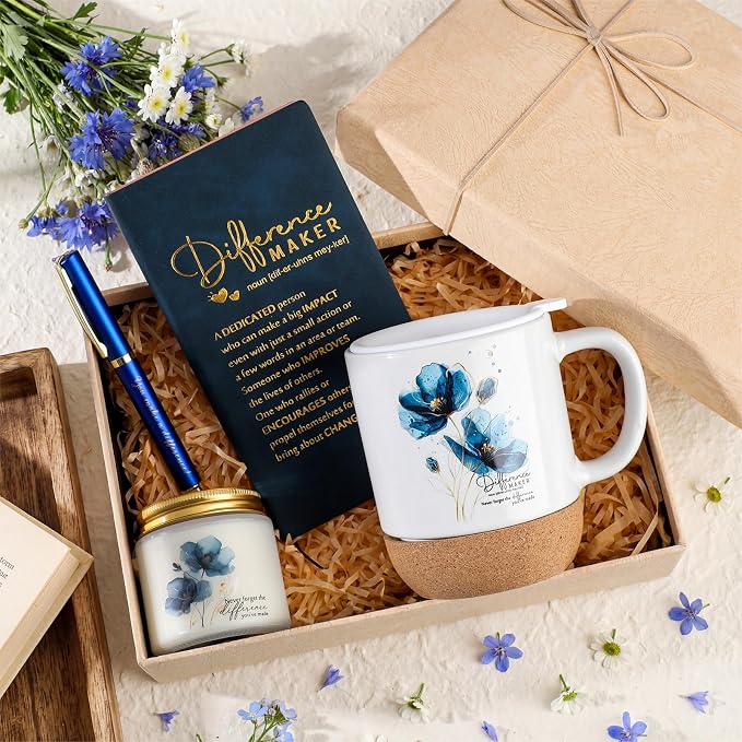 4 Pcs Difference Maker Gift Set Mug Notebook Candle Pen,Dark Blue,Flower