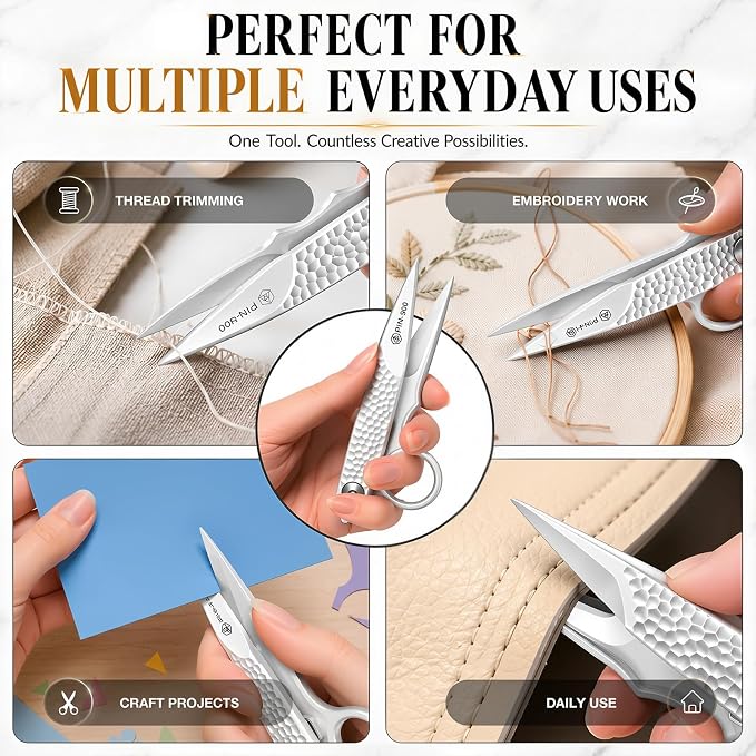 Premium Sewing Scissors, Sharp Precision Thread Snips with Stainless Steel Blades, Upgrade Small Craft Scissors with Silver Hammered Handle for Embroidery, Quilting, Fabric, & DIY Projects