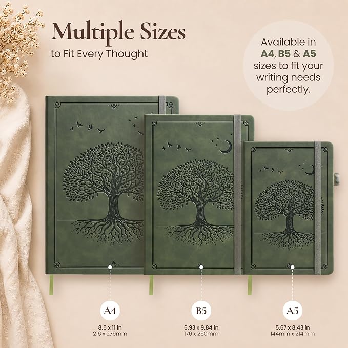 Lined Journal Notebook Hardcover Leather Bound 200 Pages A4 Green Diary | College Ruled 8.5x11" Journaling Notebooks for Men & Women, Writing for Personal, Large Travel Daily Note Book Tree of Life