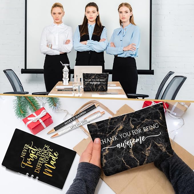 Domensi 6 Pcs Employee Appreciation Gift Set for Women Female Thank You Gift May You Be Proud 20 oz Rustic Marble Sign Tumbler Makeup Bag Journal for Boss Teacher Work Business(Black)