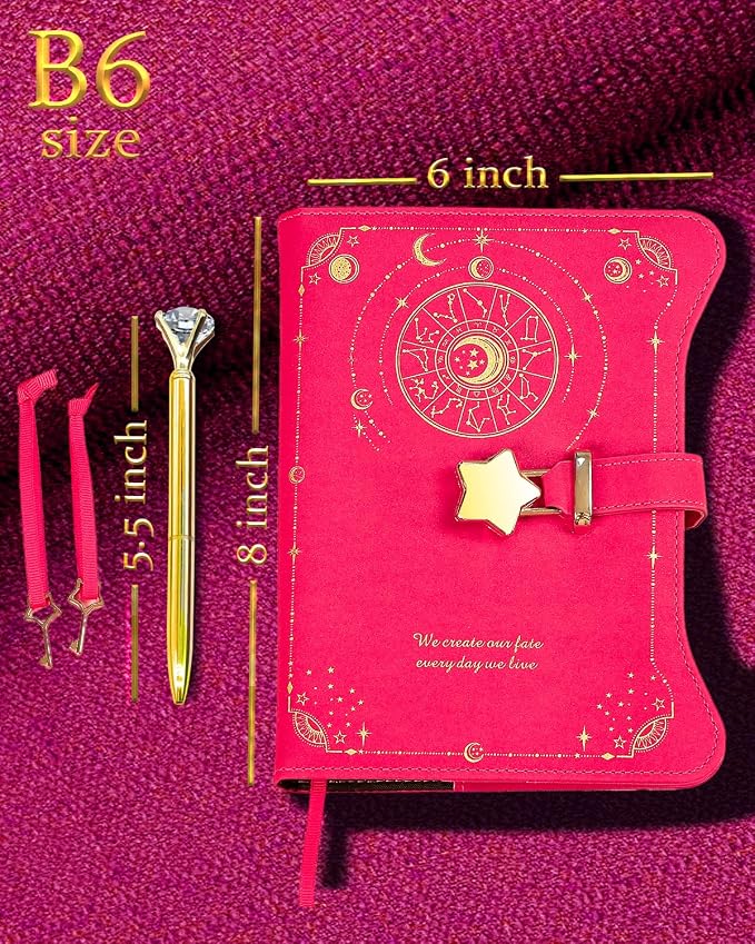 Hoci Poci Diary with Lock and Keys for Girls Gift Ideas, 360 Pages Journal | Elegant Gift Box for Teen Girls, B6 Kraft Pages Refillable Notebook with Pen and Bookmark for Writing, Astro Hot Pink