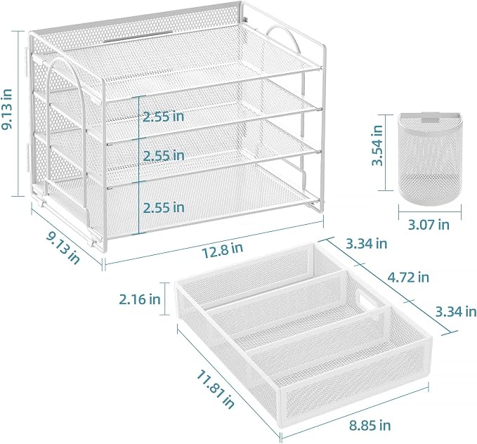 Marbrasse Desk Organizer and Accessories Polystyrene, 4-Tier Paper File Letter Tray Accessories & Workspace Desk Organizers with Drawer and 2 Pen Holders for School Home Office Supplies (White)