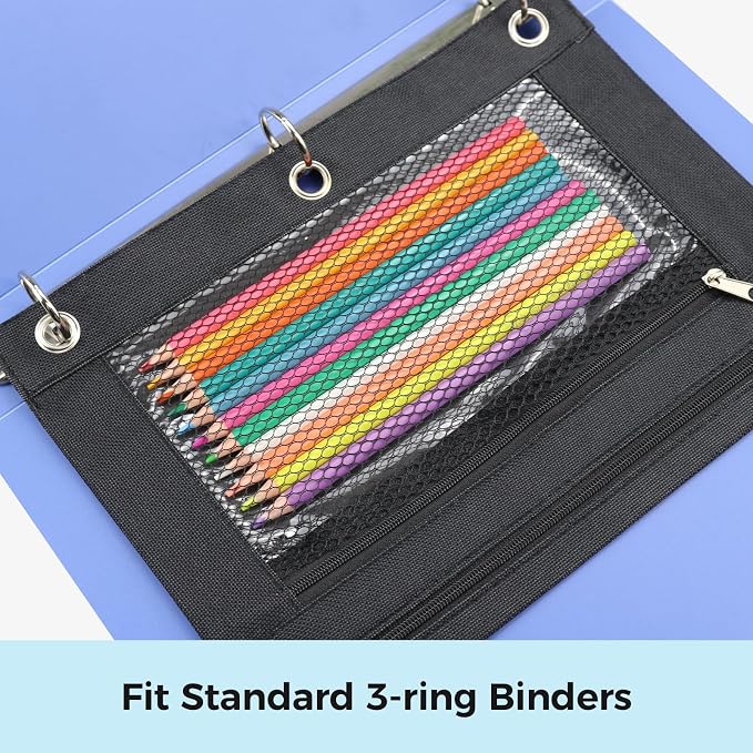 Pencil Pouch for 3 Ring Binder, Pencil Case Bag with Zipper, 600D Fabric Pencil Pouch Holder Accessories, Clear Window Pencil Case Aesthetic Back to School Organizer Pockets for Boy Girl (Black)