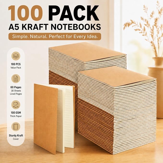 Mimorou 100 Pcs Journals Notebooks Bulk - Kraft Softcover A5 Small Notebooks 5.5 Inch x 8.3 Inch Notepads with 60 Page 30 Sheet for Writing Sketch Travel Office Supplies(Brown,Lined)