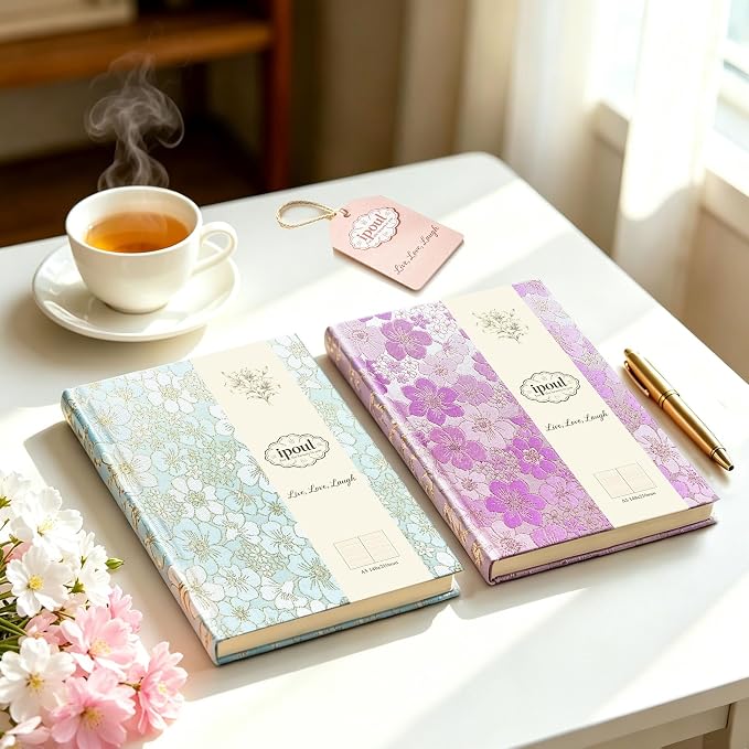 Purple Notebook, Floral Journal, A5, Ruled, Journal for Teen Girls, Writing Notebook, Hardcover, Lay-flat, Pretty Girls Diary, School Supplies, Cherry Blossom Flowers