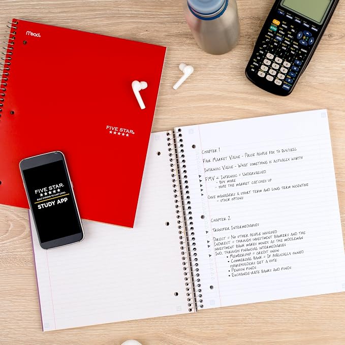 Five Star Spiral Notebook + Study App, 3 Subject, College Ruled Paper, Fights Ink Bleed, Water Resistant Cover, 8-1/2" x 11", 150 Sheets, Red (72065) (Pack of 2)