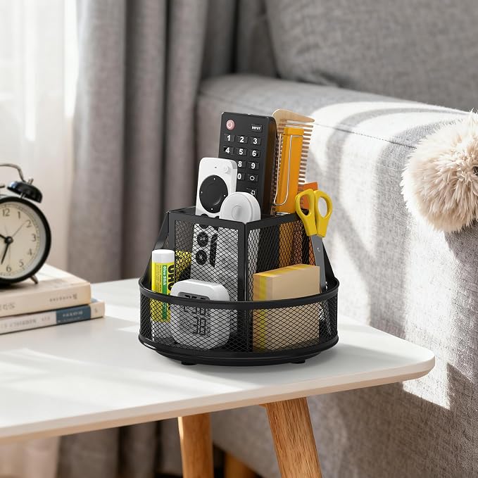Docnest 360°Rotating Mesh Desk Organizer,6-Compartment Pen Holder,Black | Heavy-duty metal holder with removable divider. Space-saving stationery storage for pencils, scissors & markers