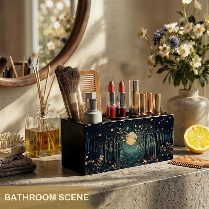 Rustic Night Moon Forest William Morris Inspired Wooden Pencil Pen Holder for Desk Organizers and Accessories, Vintage Nature Botanical Makeup Brush Holder Organizer for Bathroom Vanity