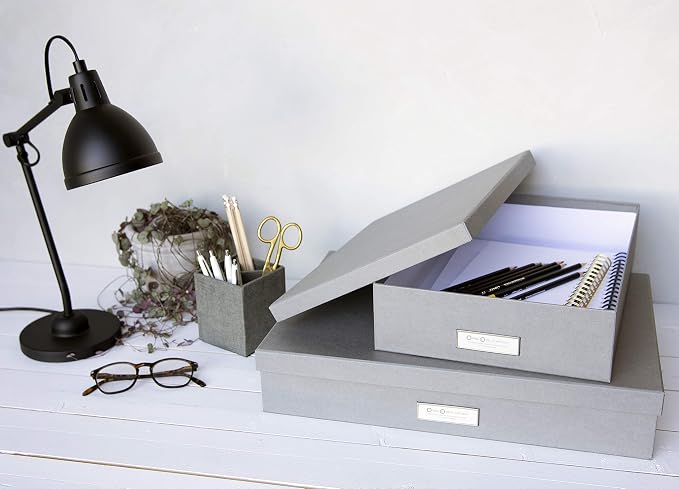 Bigso Box of Sweden Document Box with Lid for Papers in A3 format - Document Organiser Tray with Lid and Handle - Storage Container Made of Fibreboard and Paper - Grey