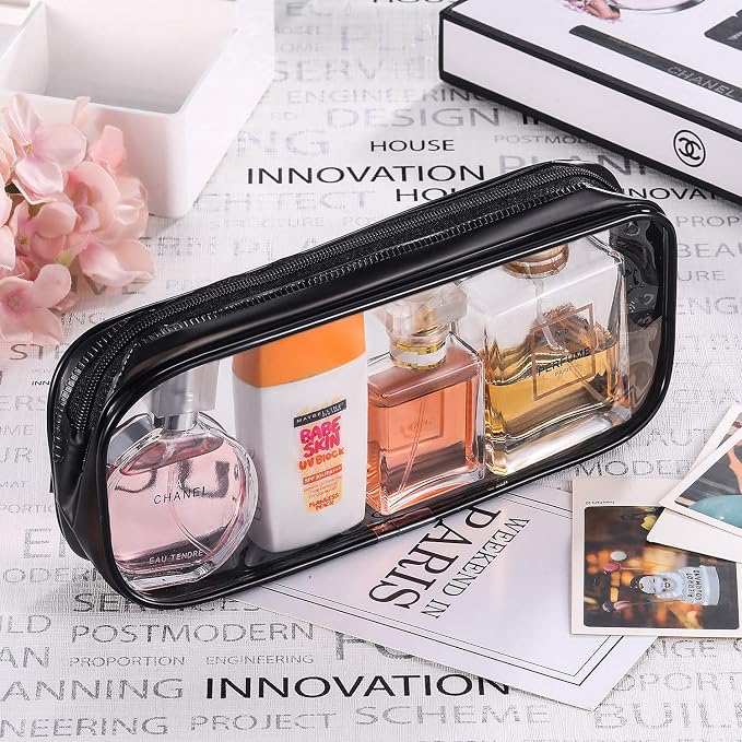 Tatuo 4 Pieces Clear PVC Bags Big Capacity Zipper Pencil Pouch Case Travel Luggage Makeup Cosmetic Bag(Black and White)