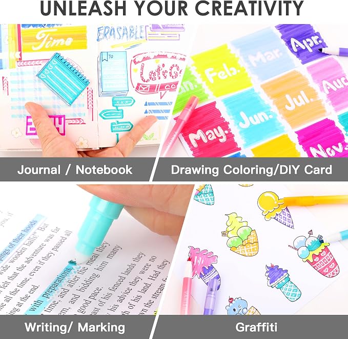 HANKU Erasable Highlighters, Dual Tip 10 Pack Highlighters Assorted Colors Erasable, Smooth Writing Book Journaling No Bleeding Highlighter Pens for Bible Journal Planner