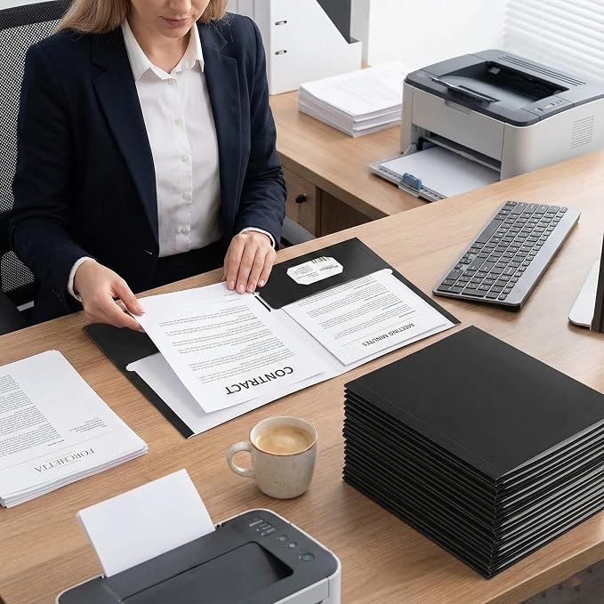 Zzrywuty File folders with Pockets,Black Two folders for documents,50 Pack Paper Folders with Card Slot,Letter Size,School Students,Business,Home and Office Workers