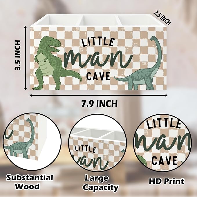 Dinosaur Pen Pencil Holder Organizer for Desk, Little Man Cave Dino Retro Neutral Checkered Wooden Box Signs Decorations for Kids Boys Room Bedroom Desk Tabletop, Dinosaur Gifts for Kids Boys