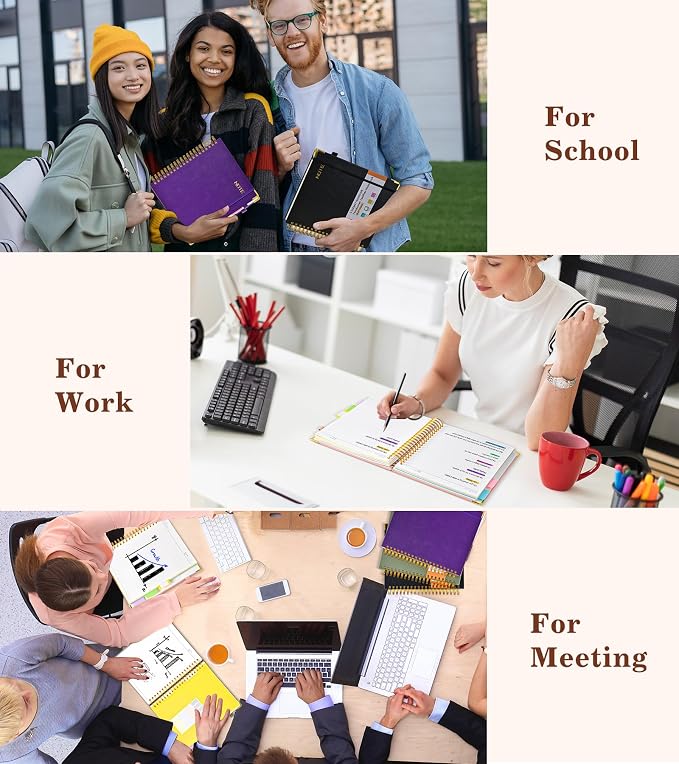 Hardcover Spiral Notebook with Removable Dividers Tabs, 300 pages Leather 5 Subject Notebook College Ruled, 6.2" x 8.2" Journal for Women Men, Small Notebooks for Work School Note taking,A5 Purple