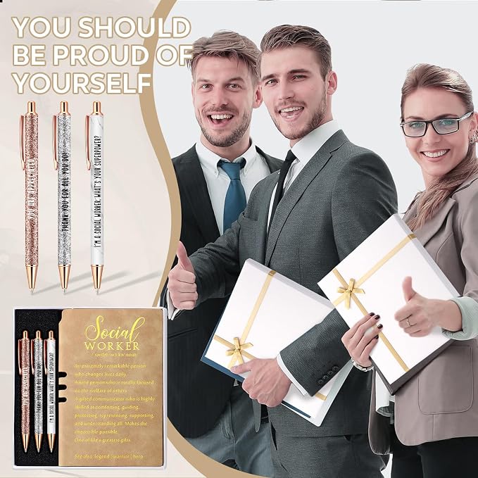Resurhang 5 Pcs School Social Worker Must Haves Office Supplies Gift Leather Journal Notebook 3 Ballpoint Pens with Box Thank You Social Work Appreciation Gift for BSW MSW DSW(Khaki)
