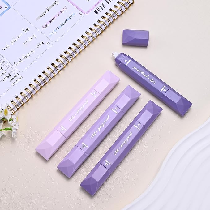 Temiary 4 Pcs 2 in 1 White Correction Tape and Double Sided Roller Set, Aesthetic Smooth Pull Out Tapes with Adhesive Glue Tape Roller Runner for School Office Supplies (Purple)