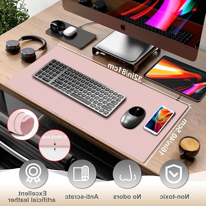 Desk Mat with Wireless Charging, Pink Mouse Pad with Wireless Charger, Desk Pad Matt for Desktop, Mousepad Gaming Large Mouse Pad, Leather Compute for Keyboard and Mouse, 32" x 16"