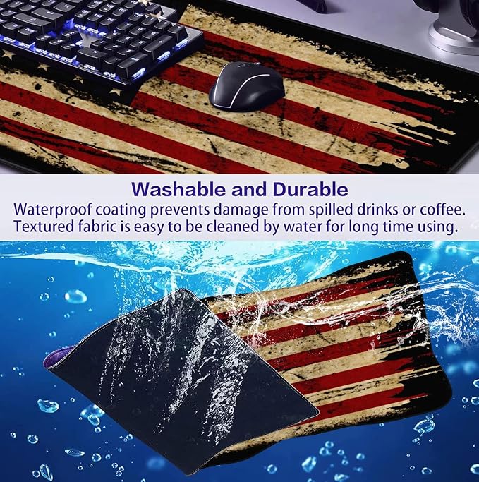 Retro American Flag XL Gaming Mouse Pad with Stitching Edge Laptop Desk Mat | Large Extended Mouse Pad; Full Desk Coverage; Waterproof Coating; Stable Anti-Slide Base For Gaming, Office, Study Daily Use