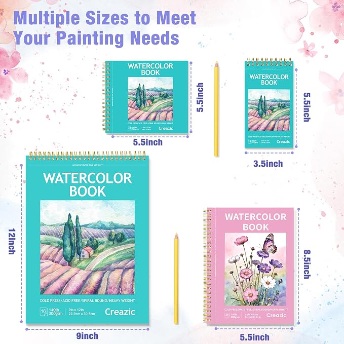 Creazic Watercolor Paper Pad, 5.5"x8.5" 140lb/300g Cold Press Watercolor Sketchbook, 24 Sheets Spiral Bound with Perforated Pages, Acid-Free Portable Drawing Pad for Travel, Practice & Small Projects