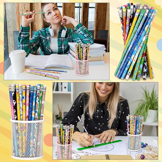 Sabary 300 Pcs Assorted Wood Pencil Bulk 50 Styles #2 HB Colorful Novelty Fun Dinosaur Animals Fruits Sports Pencils with Erasers for Teacher Reward