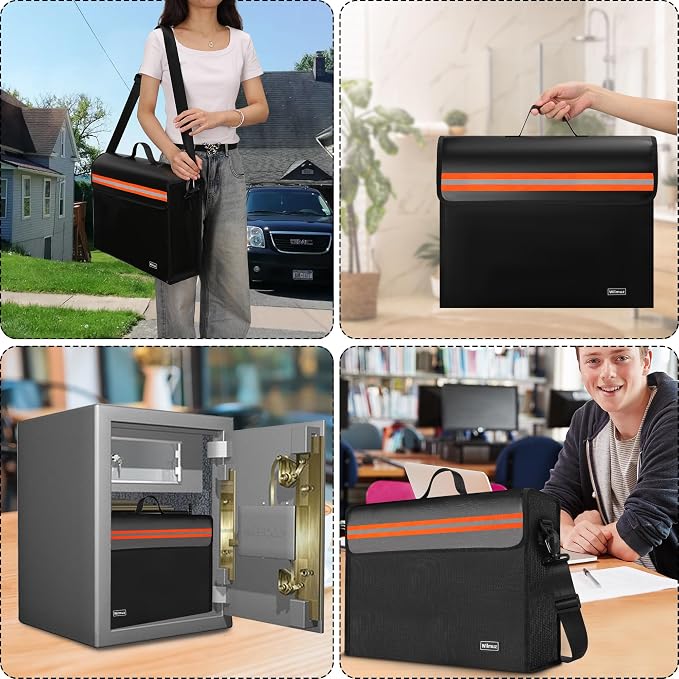 Fireproof Document Box with Zipper 5200℉ Insulated,14.9"x11.8"x4.7" Fireproof Bag with Shoulder Strap,Fire Proof File Box for Documents,Fireproof Money Bag for Cash,Valuables(Black)