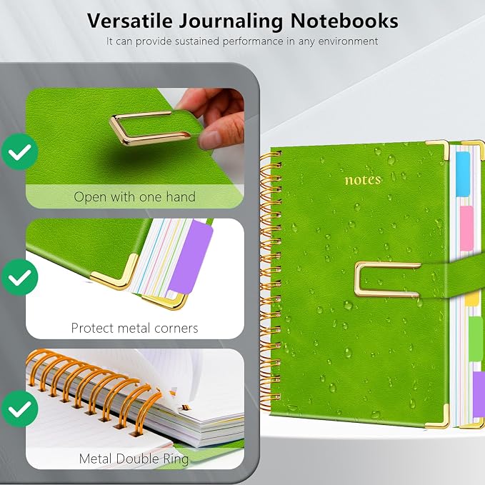 Hardcover Spiral Notebook College Ruled, 8"x10" Leather Journal Notebook with Magnetic Closure, 300 Pages 5 Subject Notebook with Dividers Tabs Journal for Women Men, Work, School(Grass Green)