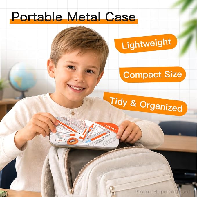 YPLUS Geometry Set, Protractor and Compass Set for Students, 12Pcs | Compass Drawing Tool with Metal Case, Rulers, Protractor, Mechanical Pen, Back to School Supplies for Students