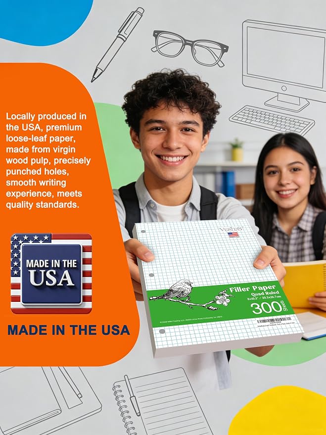 WritePads Graph Paper Loose Leaf Paper, 300 Sheets, 8 x 10.5 Inch 4x4 Quad Ruled Graphing Paper, 3 Hole Punched Filler Notebook Paper for 3 Ring Binders, 65 GSM, Made in USA