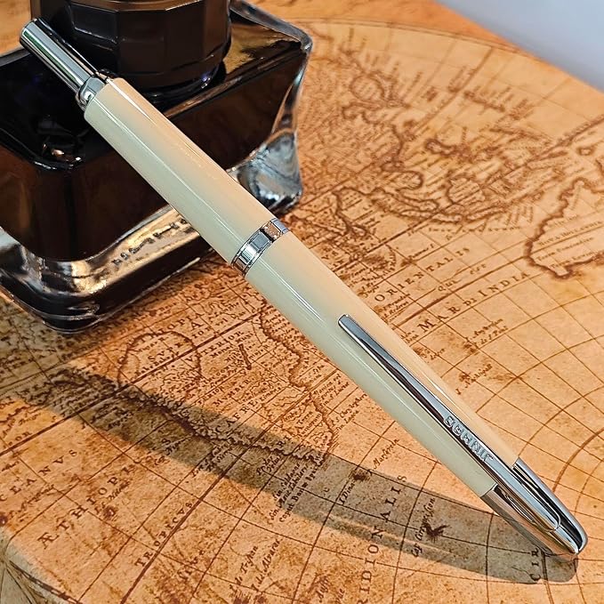 JH 20 Press Retractable Fountain Pen Fine Nib with Converter Resin Writing Gift Pen,Classic Resin Barrel,Writing Pen for Office, School, Business (Milky White, F)