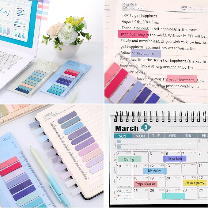 JIANTA 2000Pcs Book Tabs for Annotating, Writable Sticky Tabs | Transparent Page Markers with Ruler, Repositionable Index Tabs for Binders, Notebooks, Study Notes and Multi Color Book Flags