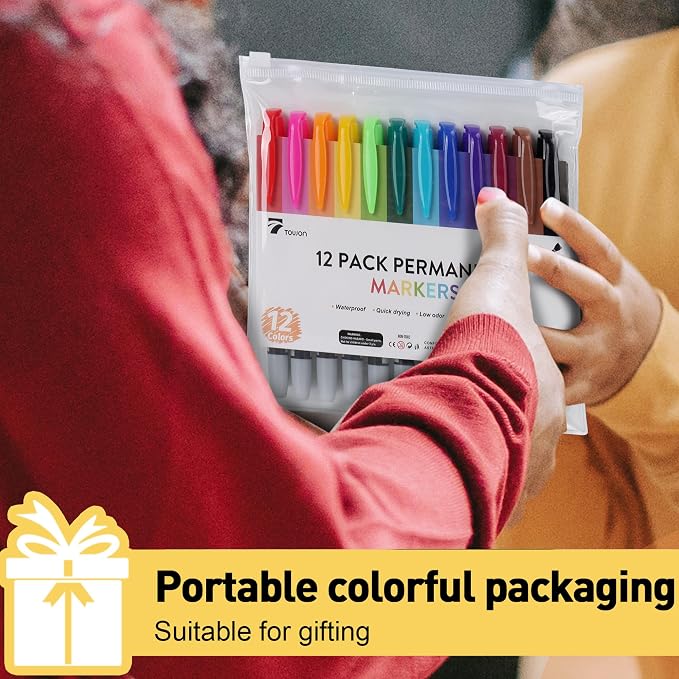 TOWON 12 Permanent Markers - Assorted Colors Drawing Marker Pens Set, Waterproof Quick Drying Fine Tip Colored Artists Markers for Adults Coloring