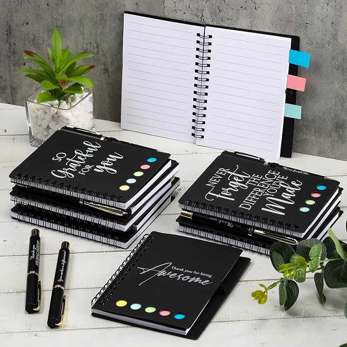 Chiisong 10 Sets Back to School Gifts Bulk Inspirational Spiral Notebook and Pen with Sticky Note Thank You Affirmation Gift for Teacher Nurse Coworker Employee Staff (Classic Black)