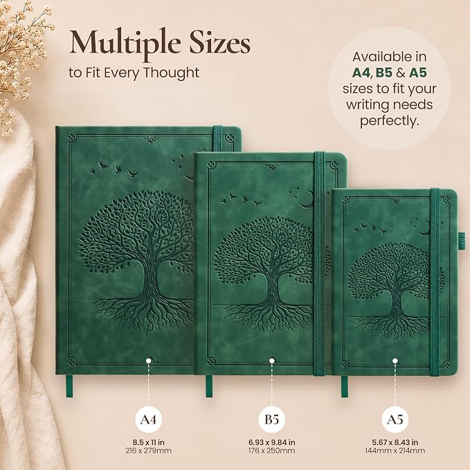 Lined Journal Notebook Hardcover Leather Bound 200 Pages A4 Green Diary | College Ruled 8.5x11" Journaling Notebooks for Men & Women, Writing for Personal, Large Travel Daily Note Book Tree of Life