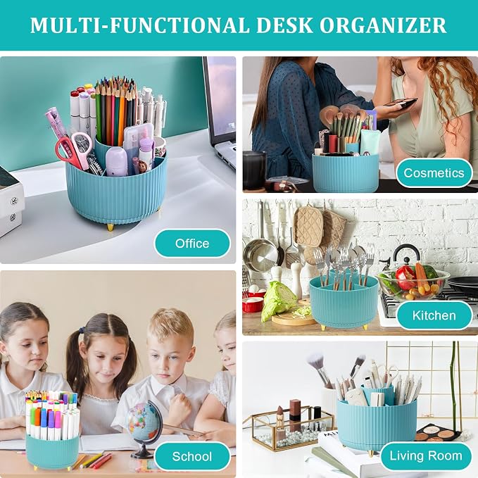 SAYEEC Rotating Pen Holder 5 Slots Desk Organizer with Adjustable Phone Stand Blue Makeup Brush Holder Organizer Cute Pencil Cup Pot Art Supply Storage Box Caddy for Office School Vanity Bathroom