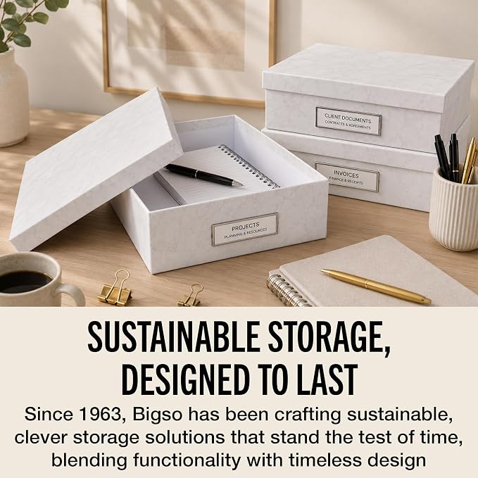 Bigso Oskar Fiberboard Label Frame Document Letter Box for Important Paperwork A4 or Letter Size - Durable Keepsake Box with Lid and Metal Label Holder - 3.3in x 10.2in x 13.8in - Marble