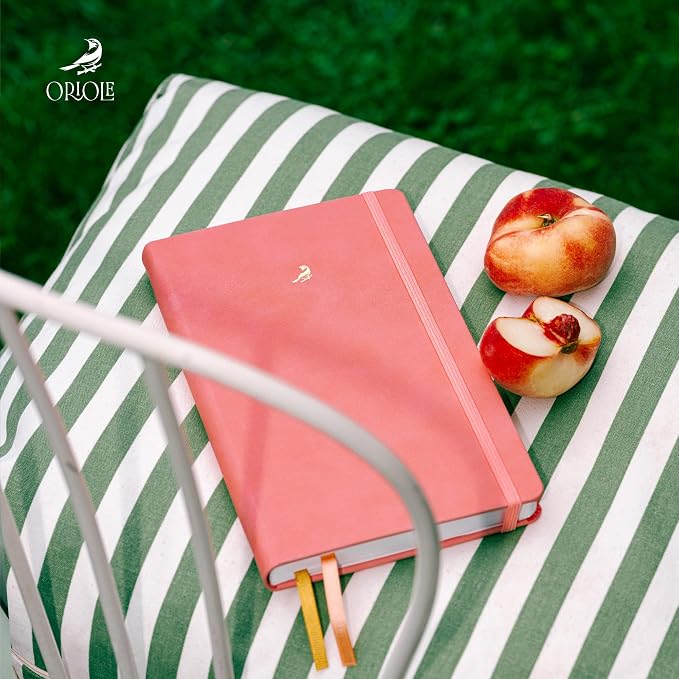 Oriole Vegan Leather Ruled Notebook - Pink | 176 Pages of Thick Lined Paper | Soft Touch Hardcover Journal (5 x 8 in) with Gold Foil Bird Design & Luxury Gift Box