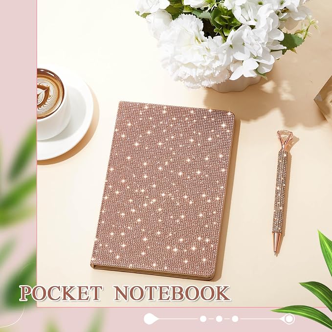 Resholder Rhinestone Pen & Glitter Notebook Set, Hard Cover Bling Diary Journal for Girls, Cute School Supplies for Back to School, Sparkly Desk Accessories Gift for Women(Rhinestone,A5,Rose Gold)