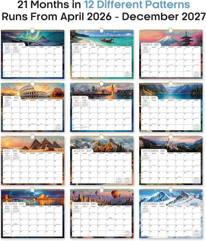 Calendar 2026-2027, 21-Month Wall Calendar Runs from Apr 2026 to Dec 2027,11.5" x 14.7",Large Monthly Calendar with Twin-Wire Binding, Perfect for Home or Office - Global Attractions