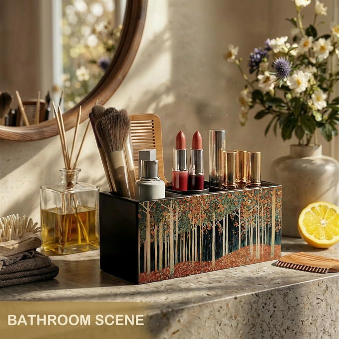 Rustic William Morris Inspired Autumn Forest Wooden Pencil Pen Holder for Desk Organizers and Accessories, Cottagecore Botanical Nature Makeup Brush Holder Organizer for Bathroom Vanity