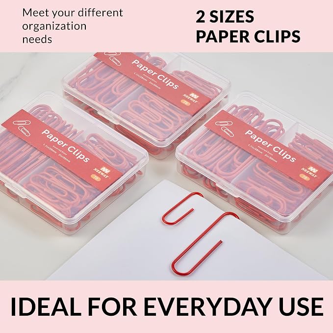 NEEWAY Colorful Paper Clips Assorted Sizes, Small and Large Paperclips, 210 Count, 3 Pack of 70 (Red)
