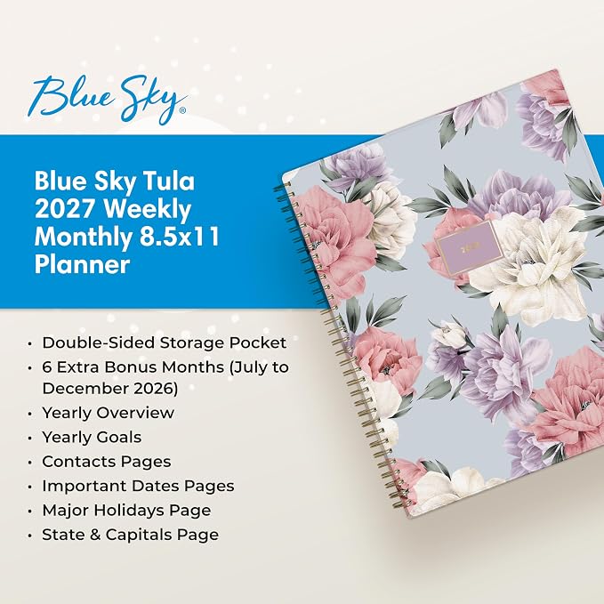 Blue Sky 2027 Weekly & Monthly Planner Calendar, 8.5"x11", Tula | January 2027 - December 2027, Flexible Cover, Durable Twin Wire Binding, Laminated Tabs, Storage Pocket