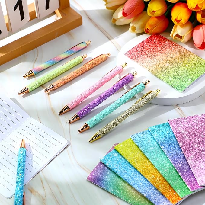 Sayglossy 16 Pack Glitter Pens and Notepads Set 8 Mini Glitter Pocket Notebooks 8 Fancy Sparkly Ballpoint Pens Stationery Gifts for Women Teacher Journaling School Office Supplies(Rainbow Color)