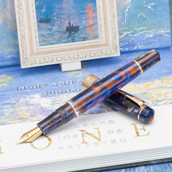 Asvine P20 Purple Resin Fountain Pen Piston Filling, Gold Plated Fine Point Smooth Writer with Pen Gift Case